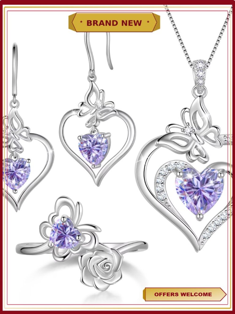 18K White Gold Plated Birthstone Jewelry Set Necklace Earrings Ring for Women